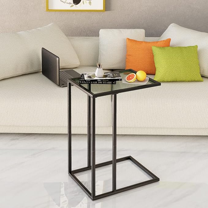 C Shaped End Table,Small Sofa Couch Side Table, Tempered Glass Snack TV Tray Table with Metal Frame for Small Space,Living Room, Bedroom, Bedside,Modern Style, Black,