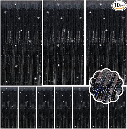 10 Pack Black Streamers Backdrop Tinsel Foil Fringe Curtains Party Decorations Birthday Wednesday Graduation Wizard Party Decorations for Men