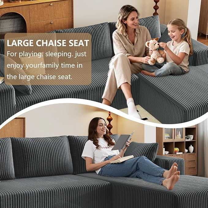 96" Modular Sectional Couch, Boneless L Shaped Cloud Sofa with Chaise Lounge, Corduroy Upholstered Couches Memory Foam Deep Seat, No Assembly Required, Ideal for Living Room(Dark Gray, Right Facing)