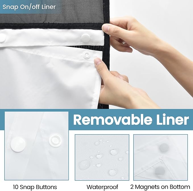 Stall No Hook Shower Curtain with Snap in Liner,230GSM Waffle Weave Shower Curtains for Bathroom,60W x 74H,Black