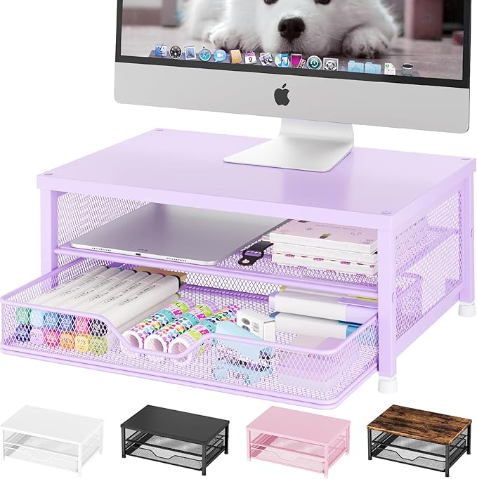 Computer Monitor Stand Riser, Desk Organizers and Accessories with Drawer, Laptop Stand, Office Desk Accessories & Workspace Desktop Organizers Storage for Office Supplies(Purple)