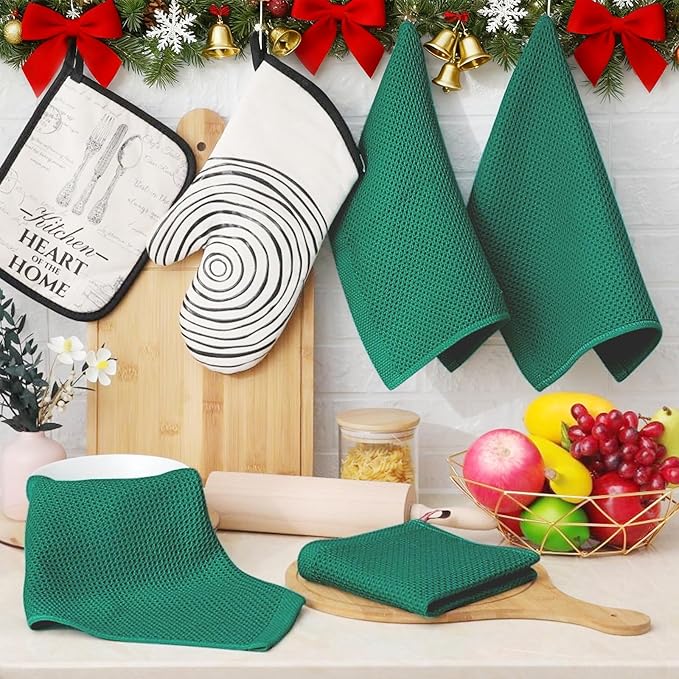 Homaxy 100% Cotton Waffle Weave Kitchen Dish Cloths, Ultra Soft Absorbent Quick Drying Dish Towels, 12 x 12 Inches, 8-Pack, Dark Green