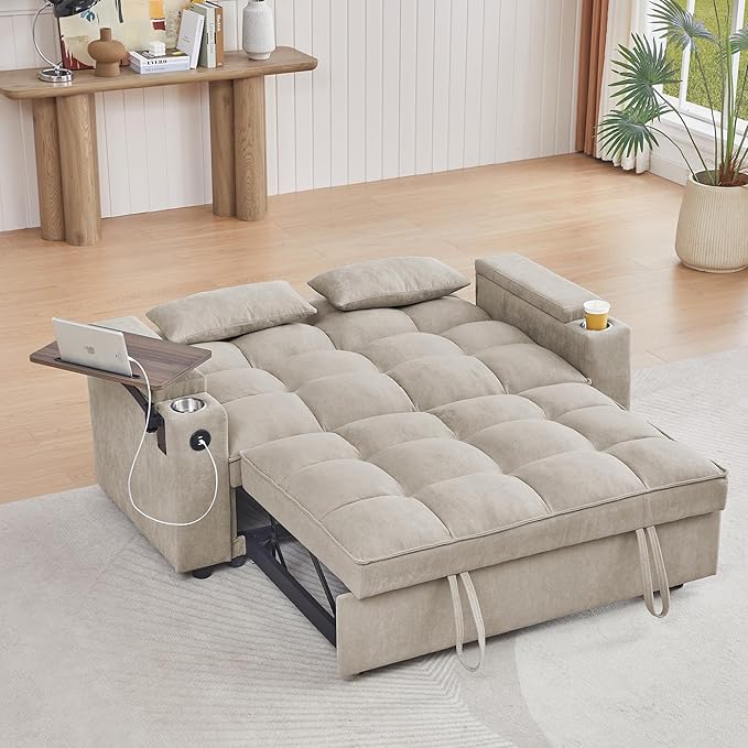 65" Cloud Couch Sleeper Sofa Bed with USB Charging Port & Side Pocket, Chenille Fabric Pull-Out Sofa with Thick Cushions, High Resilience Foam & Pillows for Living Room, Apartment, Small Spaces