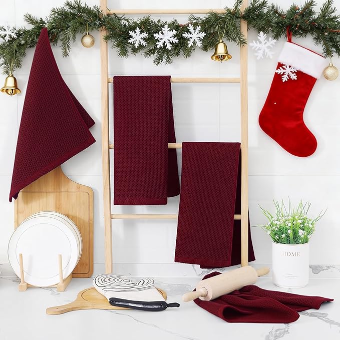 Homaxy 100% Cotton Waffle Weave Kitchen Dish Towels, Ultra Soft Absorbent Quick Drying Cleaning Towel, 13 x 28 Inches, 8-Pack, Burgundy