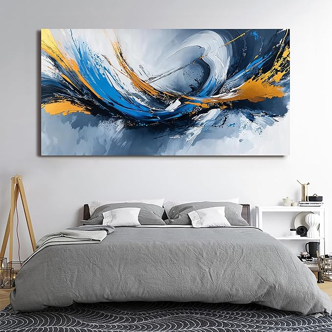 Canvas Oversized Wall Art Decor Modern Abstract Aesthetics Wall Art For Living Room Decorations Artwork For Walls Gold And Blue Abstract Art Wall Decorations For Bedroom Office Wall Decor 29×58 Inch