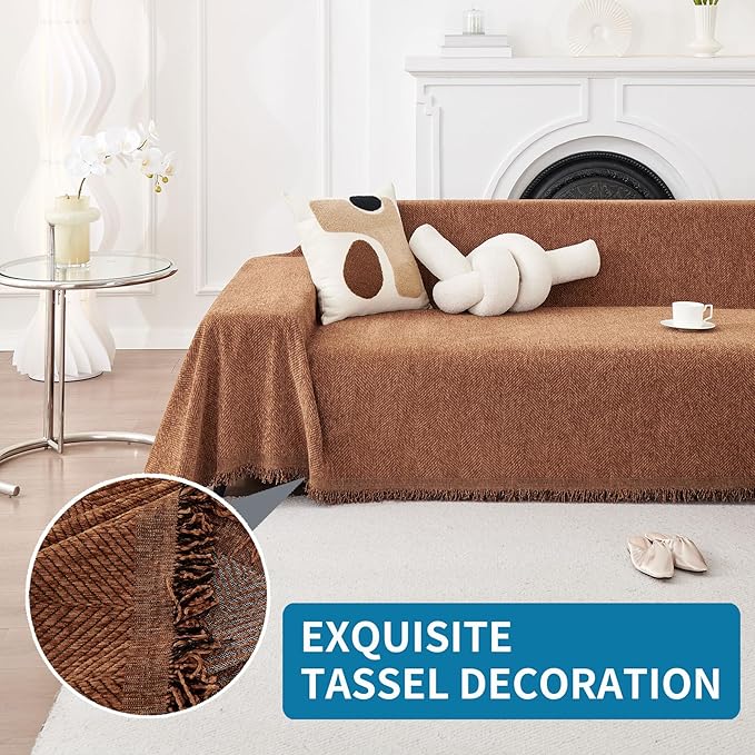 HAOMAIJIA Chenille Couch Cover Sofa Covers for 3 Cushion Couch Washable sectional Couch Covers for Dogs pet Furniture Protector Couch Cover Blanket for Living Room (Brown, 91"x118")