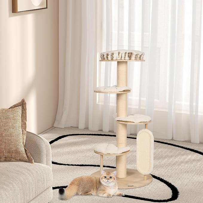 KAMABOKO Tall Modern Cat Tree, 53'' Cat Tower, Cat Tree for Indoor Cats Large Adult, Multi-Level Cat Scratching Post with 3 Imitation Rabbit Plush Padded Perches, Comfortable Pedal