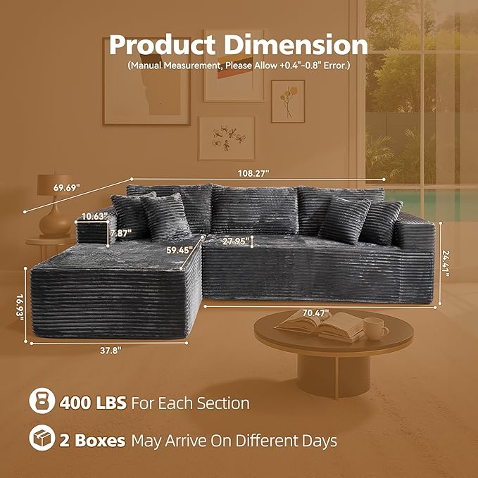 108" Modular Sectional Sofa, Cloud Sectional Couch with Deep Seat, Modern Modular L-Shape Sofa Couch with Chaise,Upholstered Couches for Living Room Bedroom