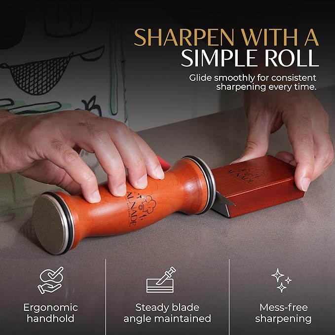 Rolling Knife Sharpener – Diamond & Ceramic Wheels, Manual Kitchen Blade Sharpener with 15° & 20° Angle Guide, Magnetic Blade Support, Ergonomic Beech Wood Handle for a Comfortable, Controlled Grip