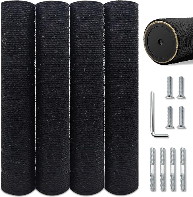 Cat Tree Replacement Post, Black,4 Pack 15.7in Cat Scratching Post Replacement Poles with M8 Screws,Natural Sisal Cat Tower Parts for Cat Tree Repair & Rebuild