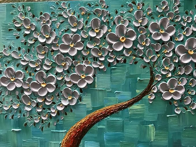 YaSheng Art - 24x60inch Large Wall Art Flowers Oil Painting On Canvas Texture Palette Knife 3D Silver Flowers Tree Paintings Abstract Artwork Canvas Wall Art Home Living Room Decor Painting