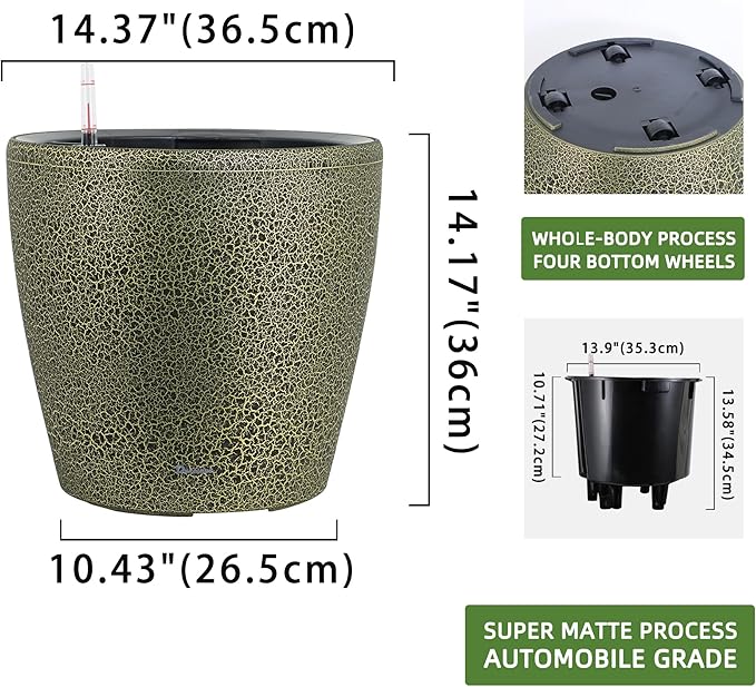 Dexceder 15x14 Self Watering Planter with Wheels Indoor Outdoor, Inner Pot Design, Thickened Large Floor Standing Flower Plant Pot with Water Level Indicator (Black Gold Crackle)