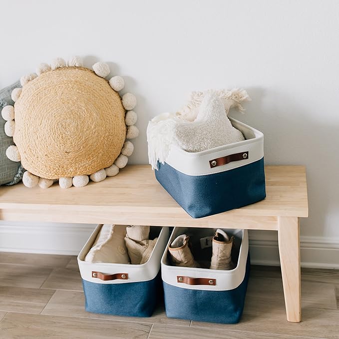 OrganiHaus Extra Large Fabric Storage Baskets for Shelves 3 Pack, 16x13in Closet Storage Bins for Shelves, Canvas Baskets for Organizing, Linen Closet Organizers, Cloth Basket, Navy Blue/Off-White