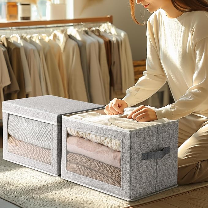 Storage Boxes with Lids - 3 Pack Fabric Clear Window Storage Bins, Collapsible Storage Bins with Lids, Linen Closet Organizer for Clothes, Towel, Blanket, Light Grey