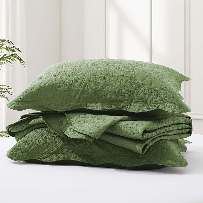 IR Imperial Rooms Queen Quilt Bedding Set Size (90" x 96") + 2 Pillow Shams (20" x 26"+ 2") - 3 Pcs All Season Lightweight Reversible Microfiber Coverlet Floral Embossed Quilt Bedspread (Olive Green)