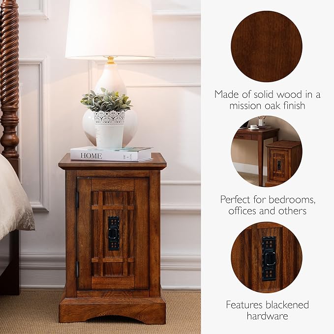 Leick Home Mission End Table, Solid Wood, 1-Door Cabinet, Narrow, Easy-Assembly, For Living Room/Bedroom, Mission Oak, 20.0 in. L x 15.0 in. W x 23.0 in. H, 82401