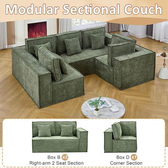 108'' Boneless Chenille U Shaped Couch, Oversized Modular Sectional 5 Seater Sofa, Modern Deep Seat Corner Cloud Compressed Couch, No Assembly Sleeper Sofa with Chaise for Living Room, Green