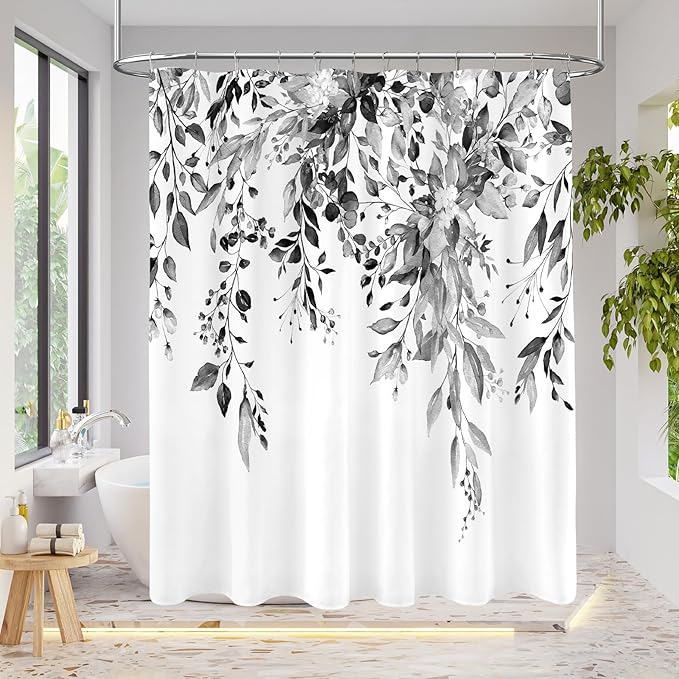 Extra Long Eucalyptus Shower Curtain 72 x 96 Inch, Black and White Botanical Floor to Ceiling X-Long Shower Curtain, Watercolor Plant Leaves with Floral Decorative Bathroom Curtain with Hooks