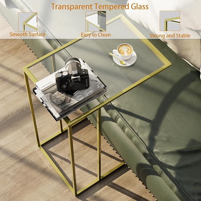 C-Shaped End Table, Side Table for Couch,Sofa Snack Table with Tempered Glass & Metal Frame,Small TV Tray Table for Small Space,Living Room, Bedroom, Bedside,Modern Style, Gold