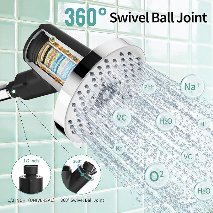 SR SUN RISE Filtered Shower Head with Filters- High Pressure Rain Shower Head,with 20-Stage shower Filter,6 Spray Modes for Hard Water Softener, Remove Chlorine & Heavy Metals (Chrome,5.5 Inch Round)