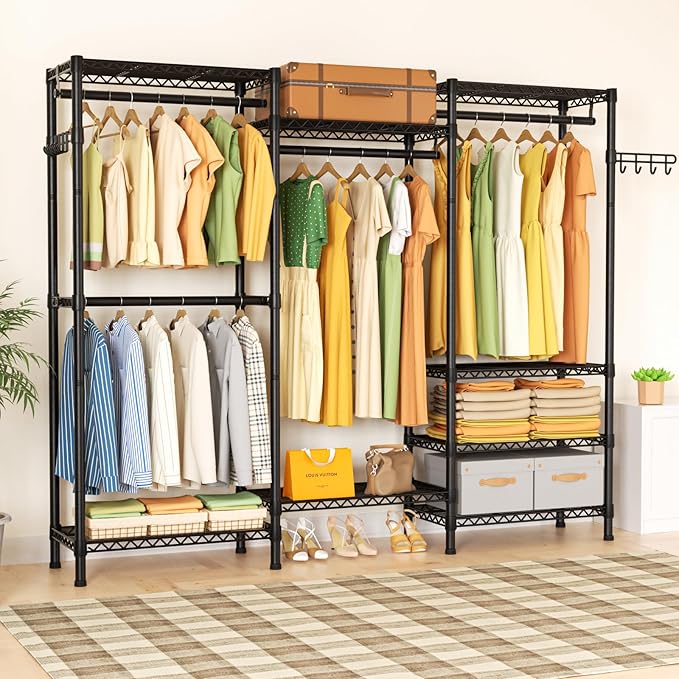Heavy Duty Garment Rack Large Clothes Rack,Freestanding Closet Portable Clothing Rack with 8 Adjustable Wire Shelves and 4 Hang Rods,Metal Closet Storage Wardrobe Organizer System,Max Load 800lbs