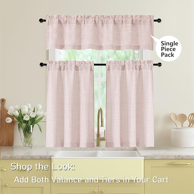 Blush Pink Kitchen Curtains 45 Inch Length 2 Panels, Light Filtering Faux Linen Textured Short Kitchen Window Curtains Over Sink, Half Curtain Tiers for Cabinet Bathroom Basement, 30"Wx45"L
