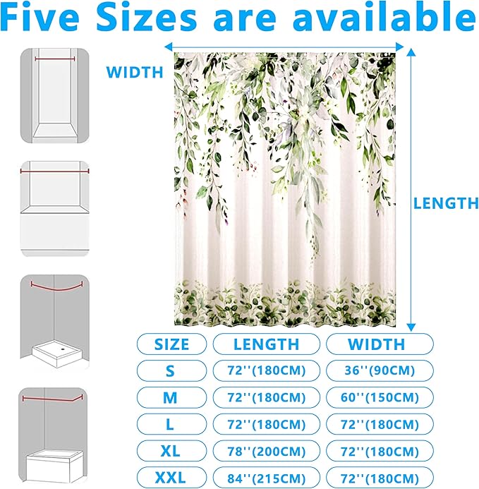 Sage Green Eucalyptus Leaves Shower Curtain for Bathroom:Aesthetic Art Watercolor Plant Shower Curtains Sets with Hooks,Waterproof Fabric Decor 72x78 inches.