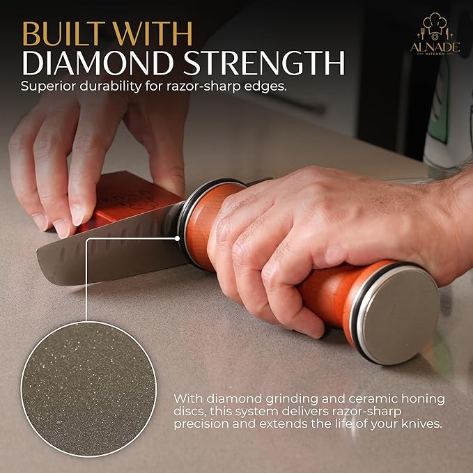 Rolling Knife Sharpener – Diamond & Ceramic Wheels, Manual Kitchen Blade Sharpener with 15° & 20° Angle Guide, Magnetic Blade Support, Ergonomic Beech Wood Handle for a Comfortable, Controlled Grip