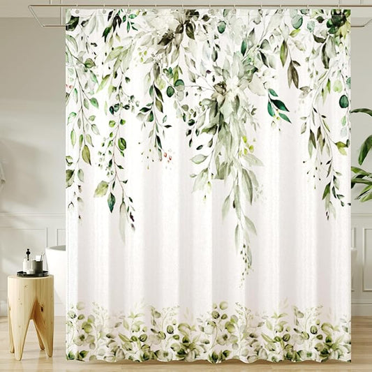 Olive Green Eucalyptus Leaves Shower Curtain for Bathroom:Aesthetic Art Watercolor Plant Shower Curtains Sets with Hooks,Waterproof Fabric Decor 72x72 inches.