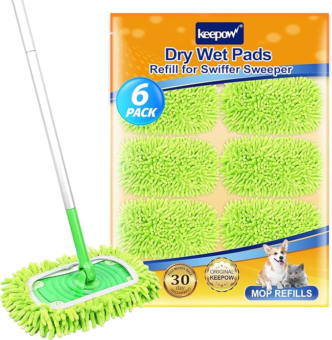 KEEPOW Reusable Microfiber Mop Pads Compatible with Swiffer Sweeper & Mop Deluxe 2-in-1, Wet & Dry Mopping Cloths for All Floors, Compatible with Swiffer Dry Sweeping Cloths for Cleaning (6 Pack)