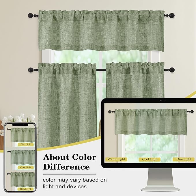 Sage Green Kitchen Curtains 30 Inch Length 2 Panels, Light Filtering Farmhouse Linen Textured Small Short Curtains Over Sink, Half Curtain Tiers for Cabinet Bathroom Cafe Basement, 30"Wx30"L