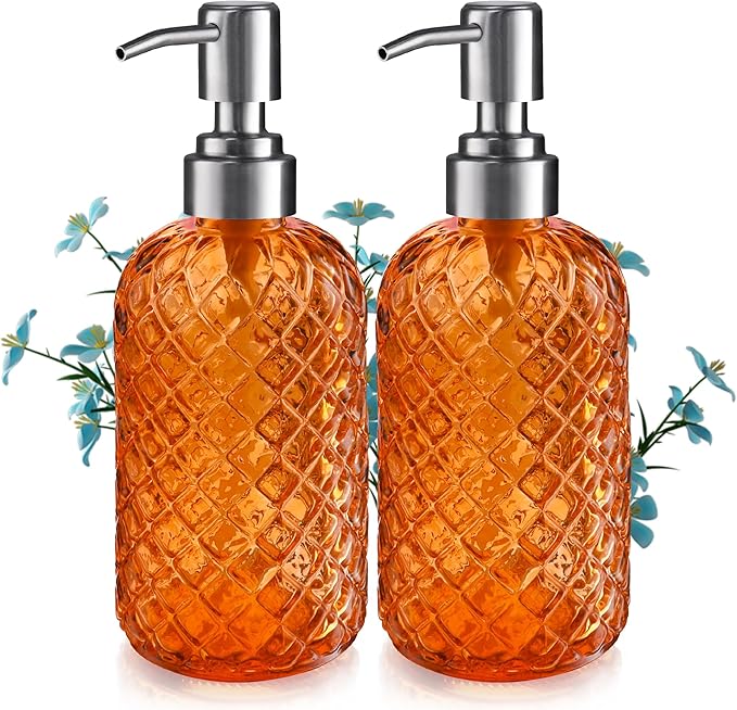 14 Oz Refillable Glass Soap Dispenser with Rust Proof Stainless Steel Pump, for Dispense Hand soap, Body wash, Lotion 2pack (Orange)