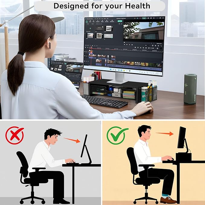 Computer Monitor Stand Riser with Drawer and Pen Holders, Desk Organizer Shelf and Accessories, Office Desk Accessories, Office Organization, Black