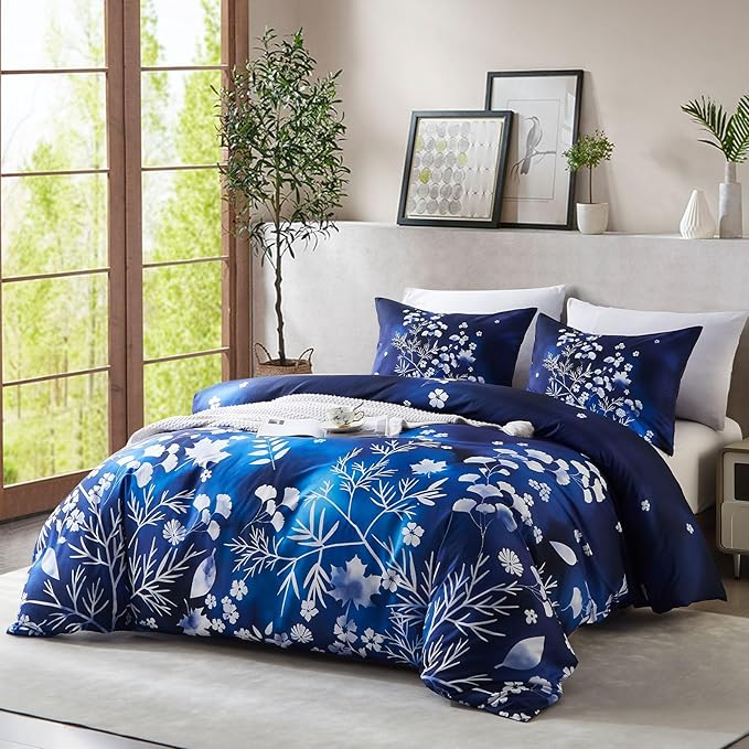 Cupocupa Duvet Cover Queen Size Set Boho Floral Pattern Queen Duvet Cover Set for Queen Size Bed Vintage Soft Bedding Leaf Print Duvet Cover with Pillowcases