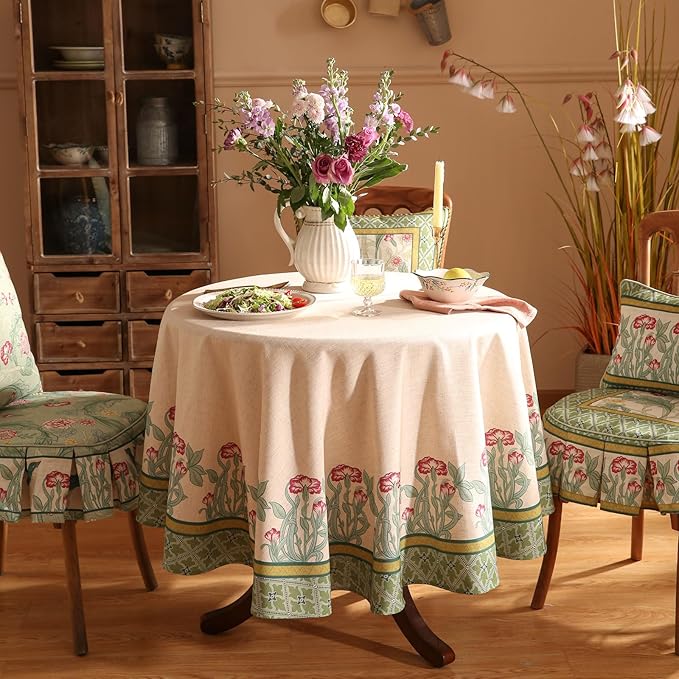 patdrea Designer Vintage Round Table Cloth,Anti-Wrinkle Leaves Pattern Green Tablecloth,Linen Table Cover Fall Decor for Kitchen Dining Christmas,Party,Thanksgiving,Diameter 55"-Cecilia D