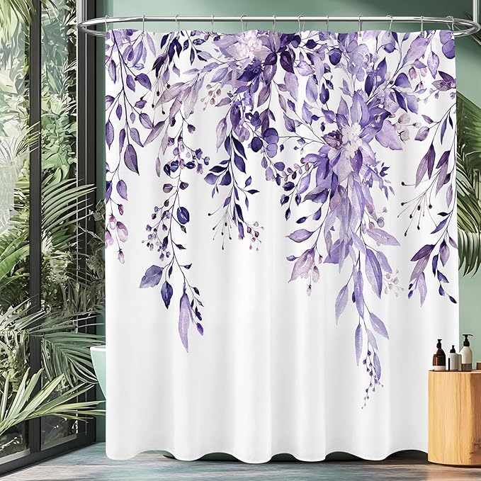 Extra Long Eucalyptus Shower Curtain 72 x 96 Inch, Purple Botanical Floor to Ceiling X-Long Shower Curtain, Watercolor Plant Leaves with Floral Decorative Bathroom Curtain with Hooks