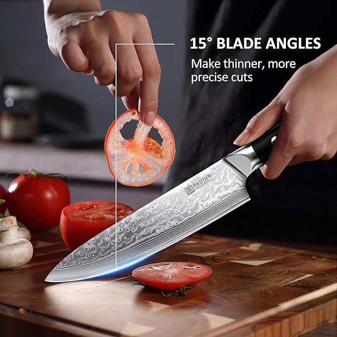 PAUDIN Damascus Knife Set 3 PCS, Japanese VG10 Steel Core, Ultra Sharp Chef Knife Set, Full Tang G10 Handle, Damascus Kitchen Knives