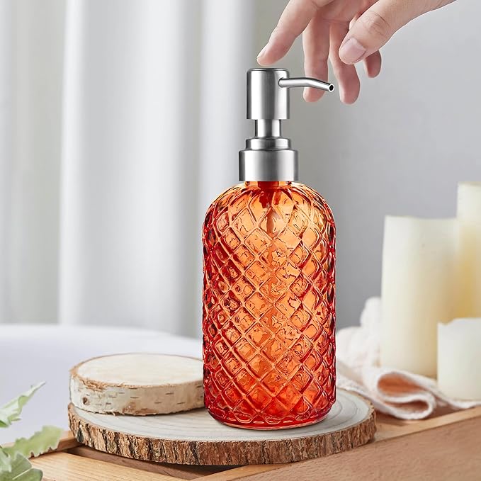 14 Oz Refillable Glass Soap Dispenser with Rust Proof Stainless Steel Pump, for Dispense Hand soap, Body wash, Lotion 2pack (Orange)