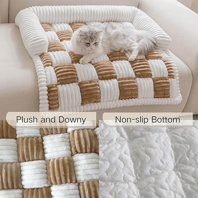 Couch Covers for Dogs and Cats, Fuzzy Dog Sofa bed with Cream Square Plaid, Plush Pet Couch Cover Bed, Thickened Quilted Furniture Protector Mat for Large Medium Pets (Light Brown 35.43"*35.43")