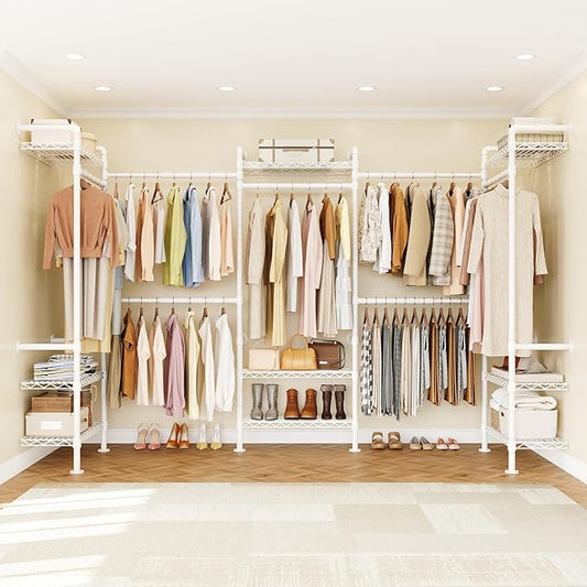 U5 Wall Mounted Closet System, Industrial Pipe Clothing Rack Garment Racks for Hanging Clothes, Heavy Duty Closet Organizers System in Wardrobe Closet, White