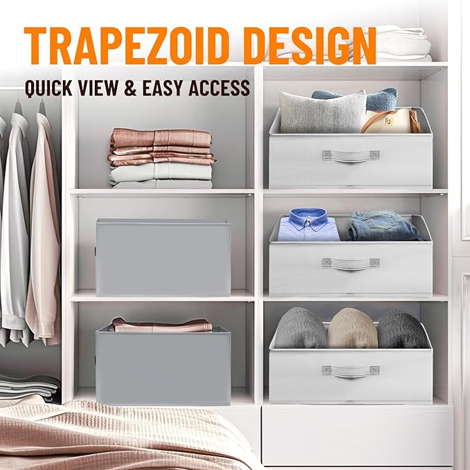 Criusia Closet Organizers Bins 4 Pack - Large Collapsible Shelf Organizer with Handles - Fabric Trapezoid Home Organization and Storage Baskets for Organizing Clothes Toy Blanket Towel Purse Hats