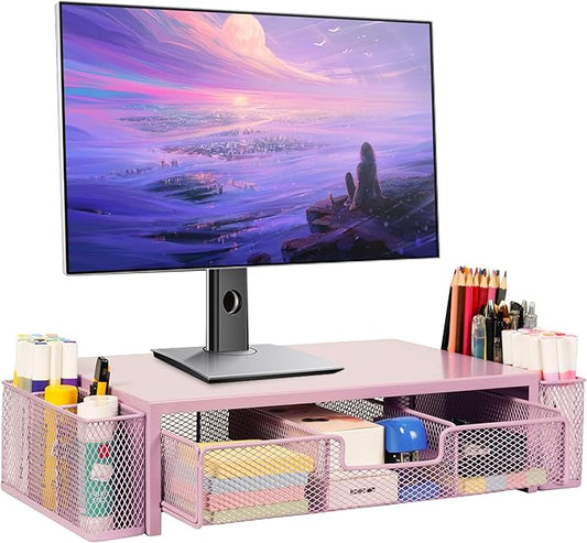 Computer Monitor Stand Riser with Drawer and Pen Holders, Desk Organizer Shelf and Accessories, Office Desk Accessories, Office Organization, Pink