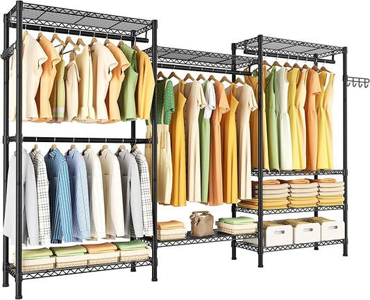 Heavy Duty Garment Rack Large Clothes Rack,Freestanding Closet Portable Clothing Rack with 8 Adjustable Wire Shelves and 4 Hang Rods,Metal Closet Storage Wardrobe Organizer System,Max Load 800lbs