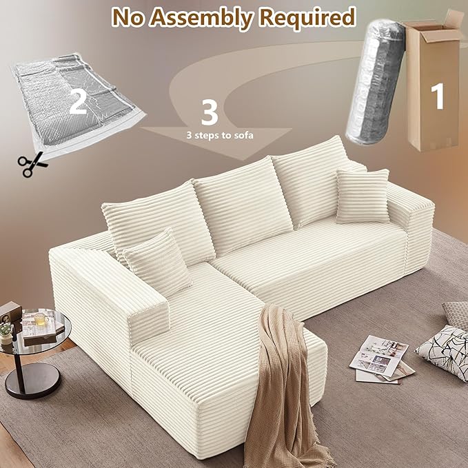 107" Cloud Sectional Couch with L-Shape Chaise, Modern Modular Comfy Sofa with Deep Seat, Upholstered Corduroy Couches Sleeper Chaise Longue for Living Room Bedroom, No Assembly Required, White