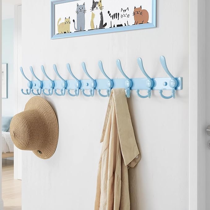 Dseap MaxStrong 2.0 Coat Rack Wall - 37” Long 10 Tri Hooks - Ultra Heavy-Duty Stainless Steel Wall Mount Coat Hanger, Hook Rail for Clothes Hats Jacket Towels Blue, Pack of 2