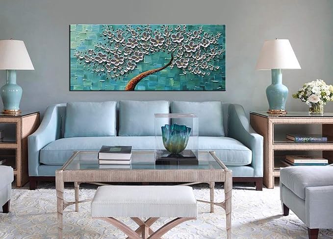 YaSheng Art - 24x60inch Large Wall Art Flowers Oil Painting On Canvas Texture Palette Knife 3D Silver Flowers Tree Paintings Abstract Artwork Canvas Wall Art Home Living Room Decor Painting