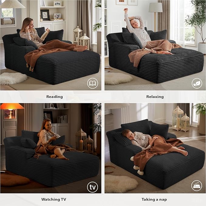 50 Inches Chaise Lounge Indoor, Oversized Chaise Lounge Chair with 3 Throw Pillows and Armrests, Corduroy Upholstered Plush Sofa Bed Lazy Chair Bed Sleeper Chair for Living Room Apartment (Black)