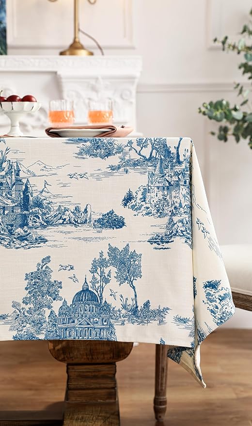 patdrea Designer Vintage Cyan Tablecloth for Rectangle Table,Linen Ancient Castle and Manor Pattern Tablecloths,Table Cover Decor for Kitchen Dining Christmas,Thanksgiving,55"x79"-Lucerne a