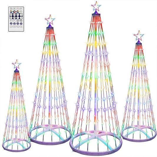 4 Pack 4/5/6/7 FT Christmas LED Cone Tree Lights 24 Modes Color Changing with Timer Foldable Lighted Trees Waterproof Outdoor String Lights Holiday for Christmas New Year Xmas Decorations