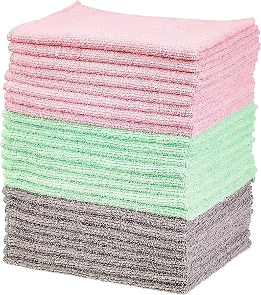 Amazon Basics Microfiber Cleaning Cloths, Ultra Soft and Absorbent, Free from Streaks/Lint/Scratch for Cars, 16" x 12", Green/Gray/Pink, 24-Pack